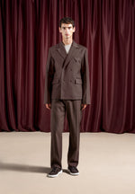 Double Breasted Twill Suit Jacket - Brown