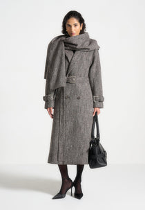 Soraya - Herringbone Wool Trench Coat with Scarf - Brown