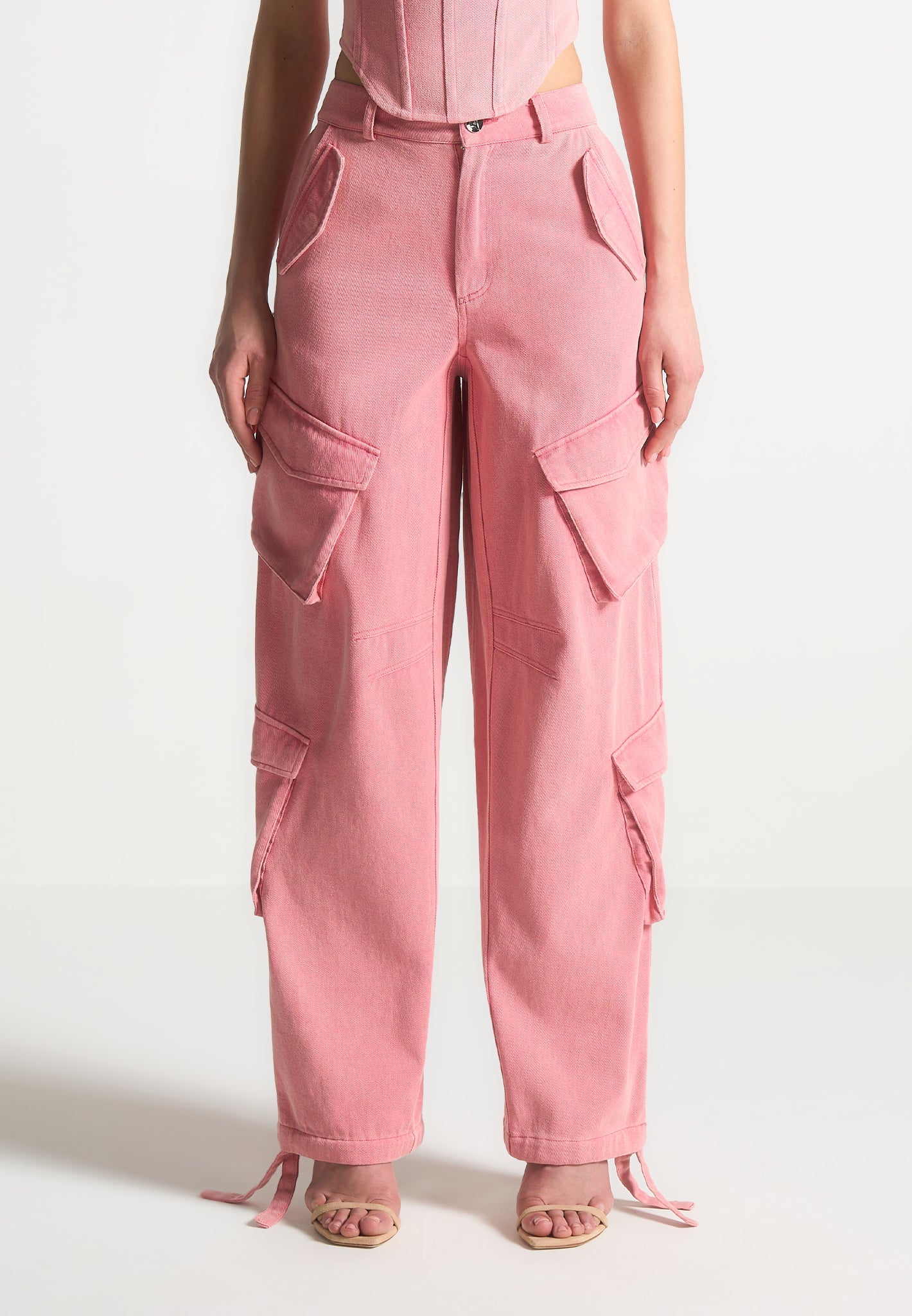 High Waisted Cargo Pants - Washed Pink