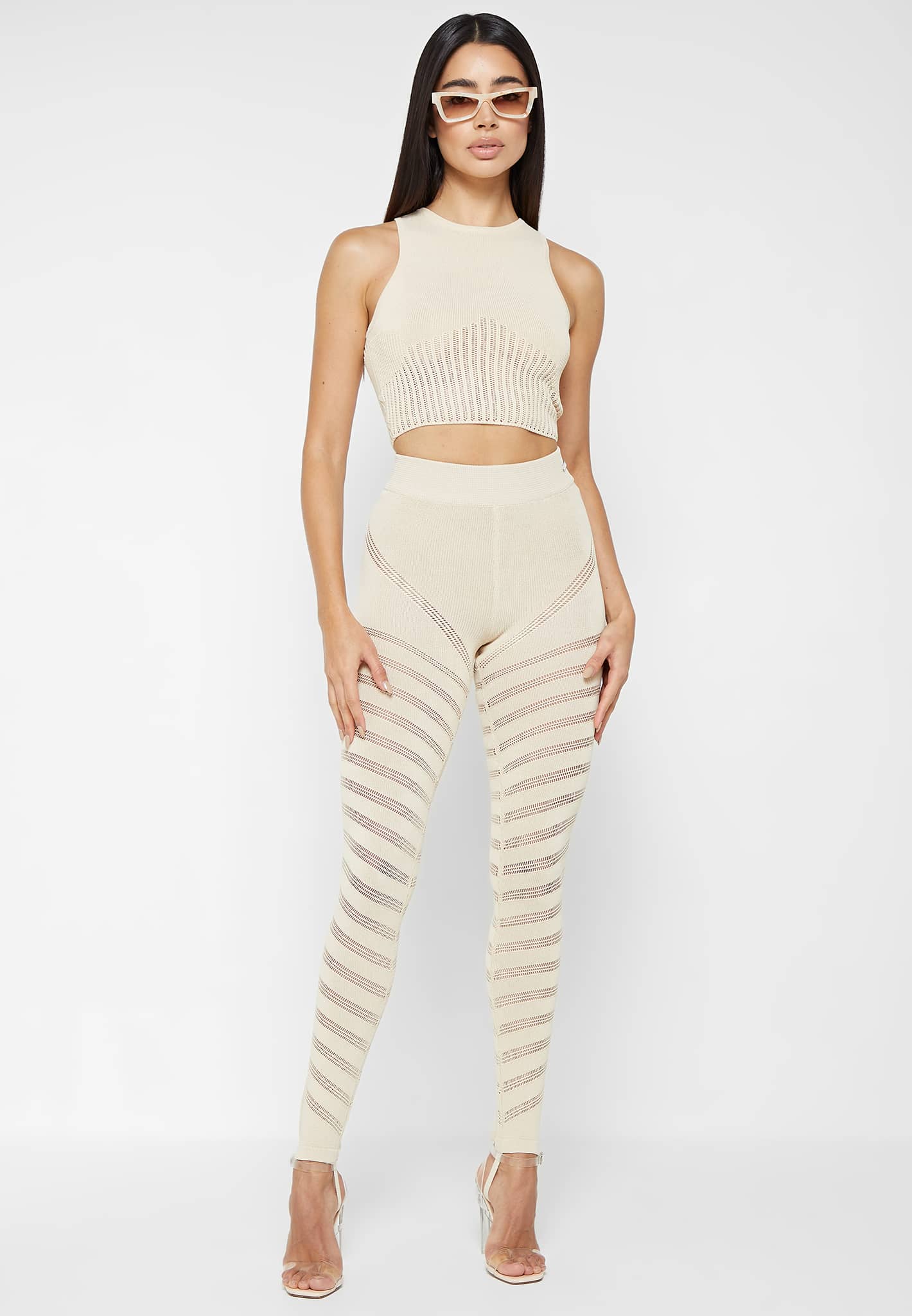 High Waisted Knitted Spiral Contour Leggings - White