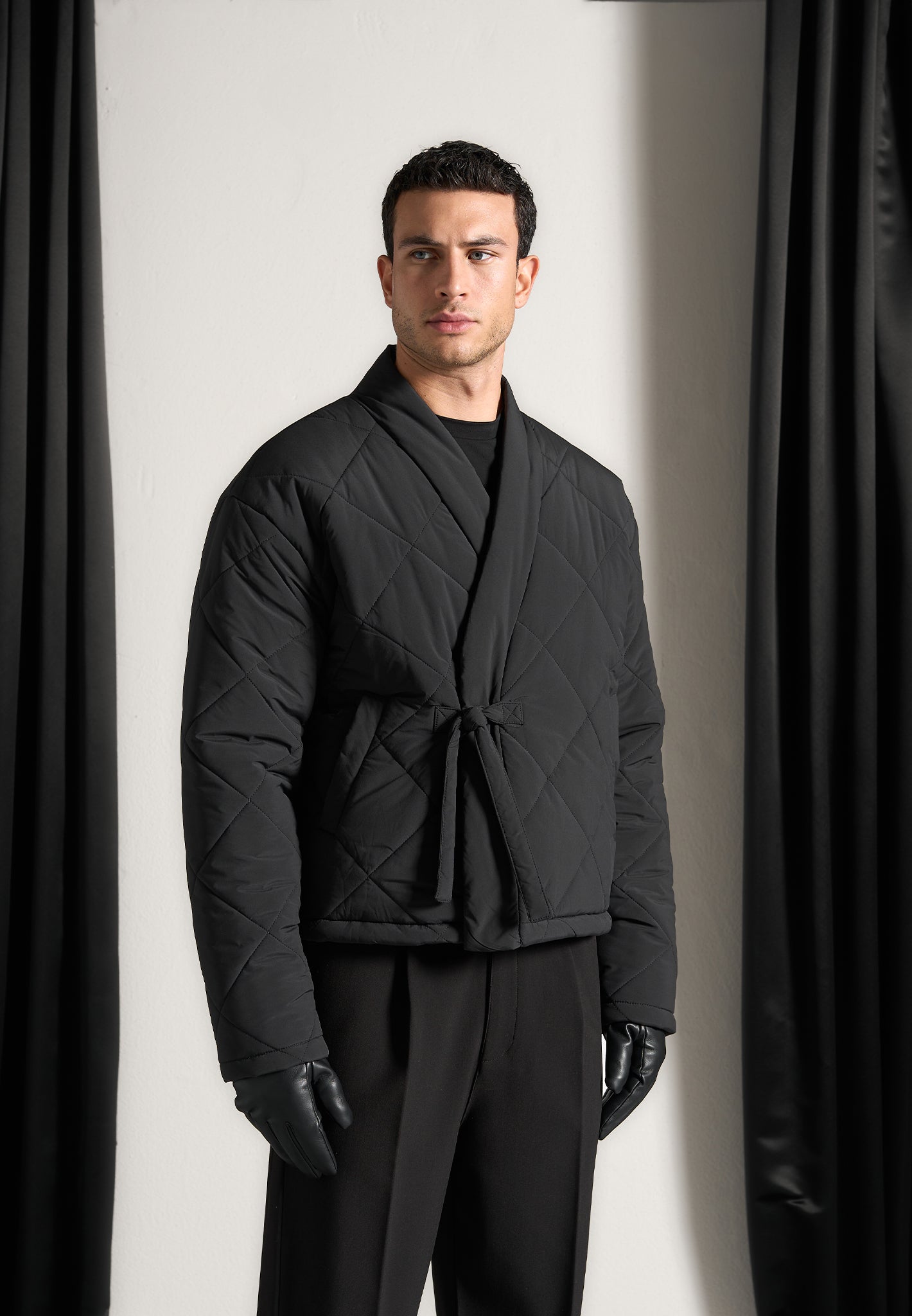 Kimono Quilted Wrap Puffer Jacket - Black