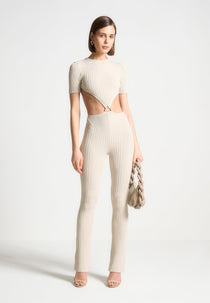 Knitted Backless Jumpsuit - Beige