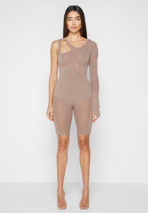 Knitted Contour One Sleeve Playsuit - Taupe