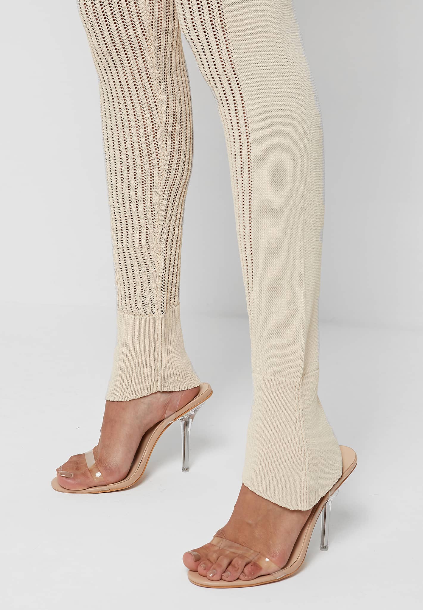 Knitted High Waisted Leggings - Beige