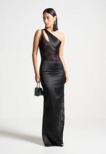 Satin and Lace Midaxi Dress - Black
