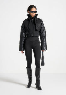 Lysandra - Leather and Nylon Layered Puffer Jacket - Black