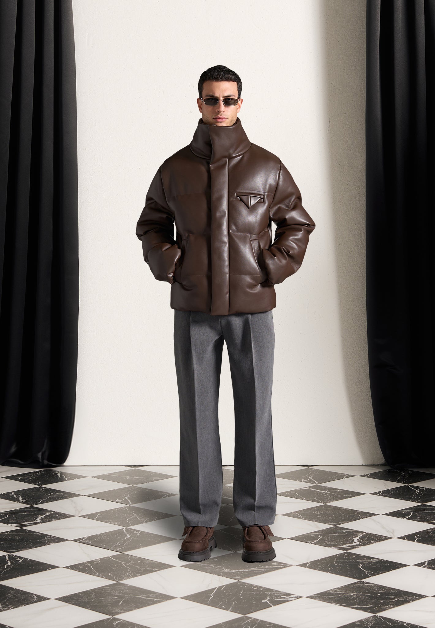 Leather Puffer Jacket - Brown