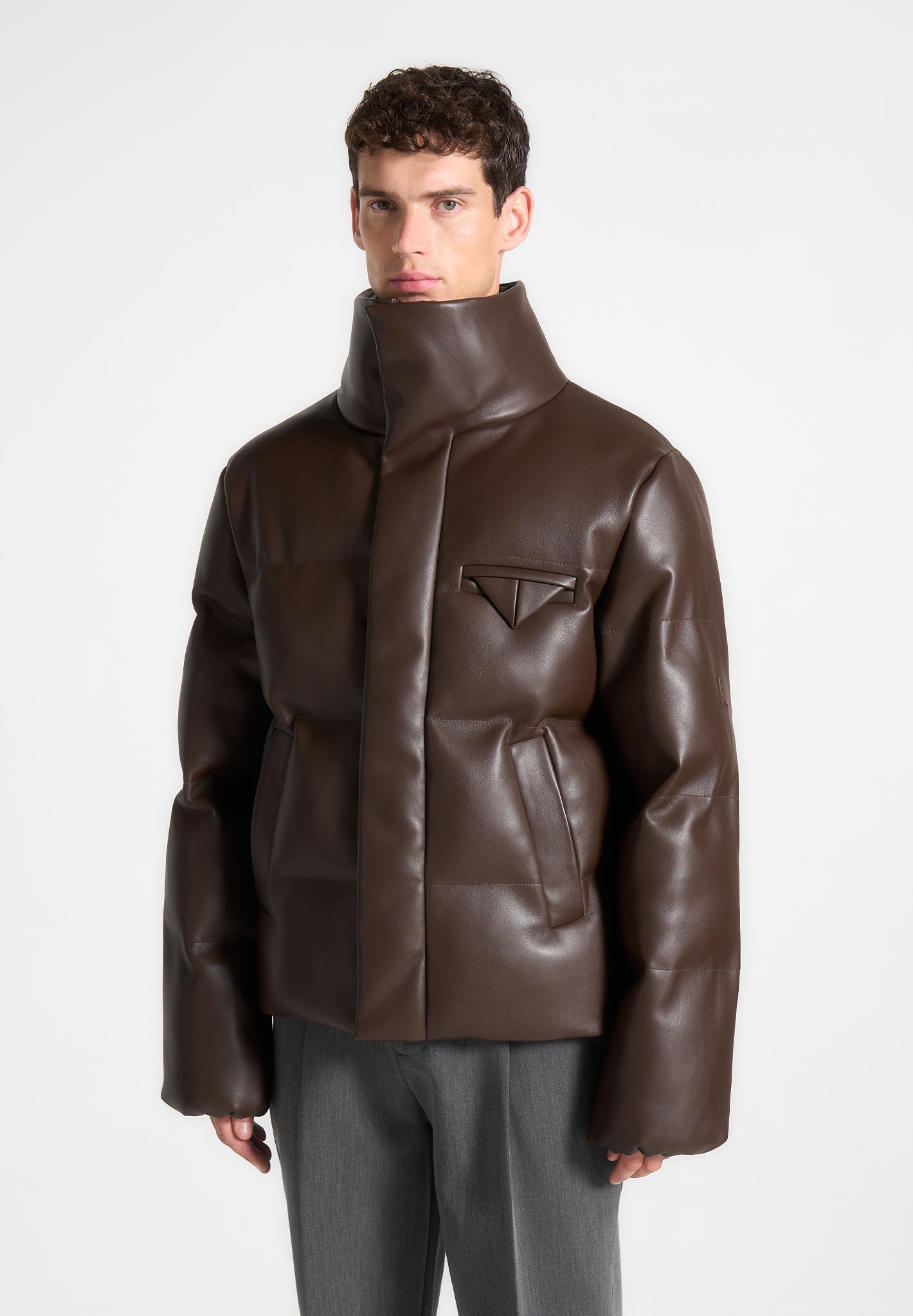 Men s Leather Puffer Jacket Brown S Maniere De Voir