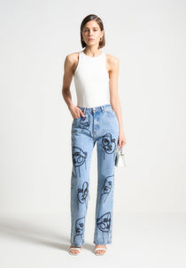 Audrey - Line Art Straight Leg Jeans - Mid Blue