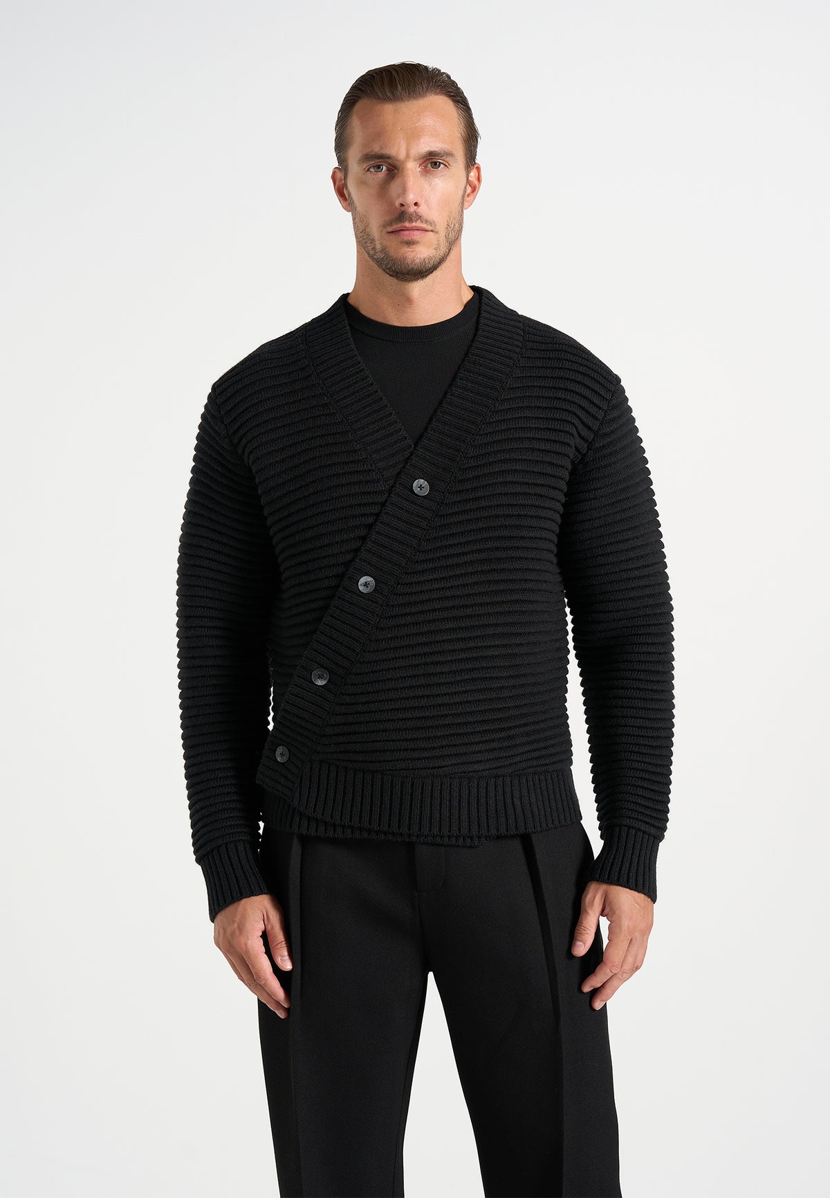 Dani - Asymmetric Brushed Wool-Blend Rib Knit Cardigan - Black