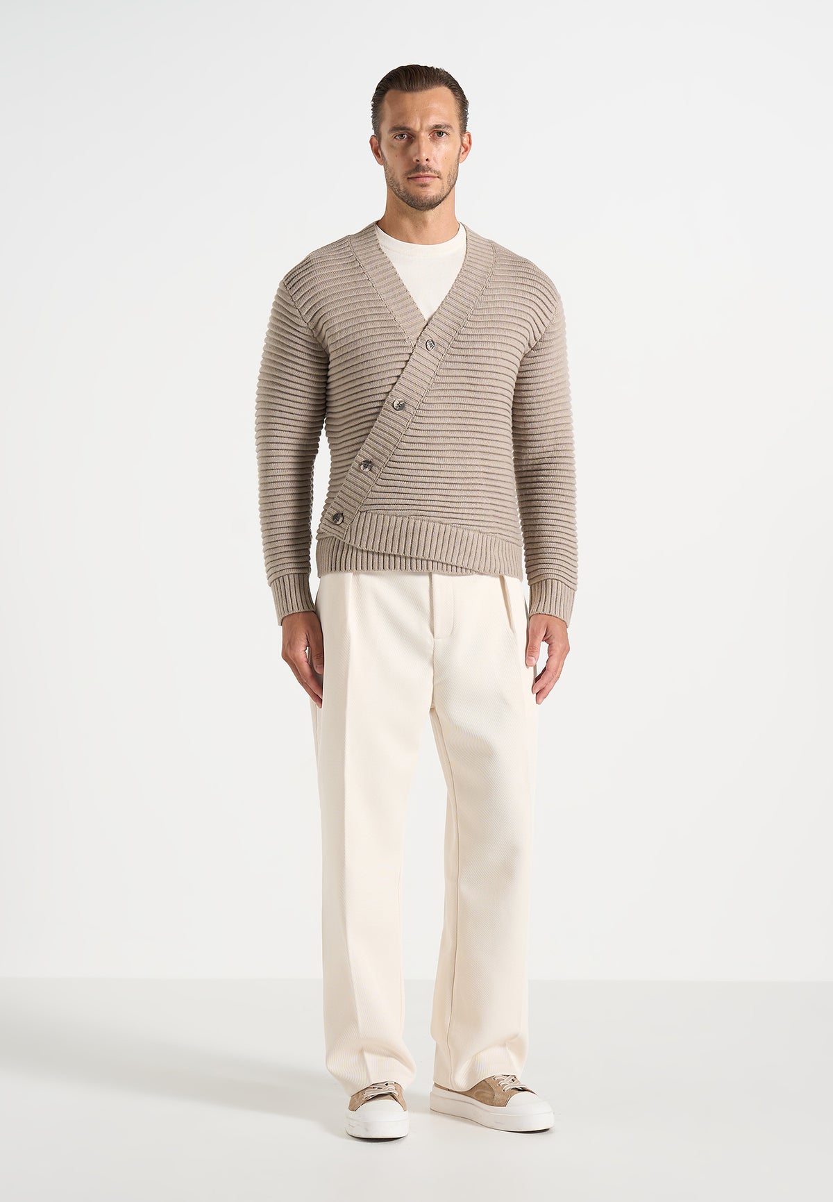 Dani - Asymmetric Brushed Wool-Blend Rib Knit Cardigan - Taupe