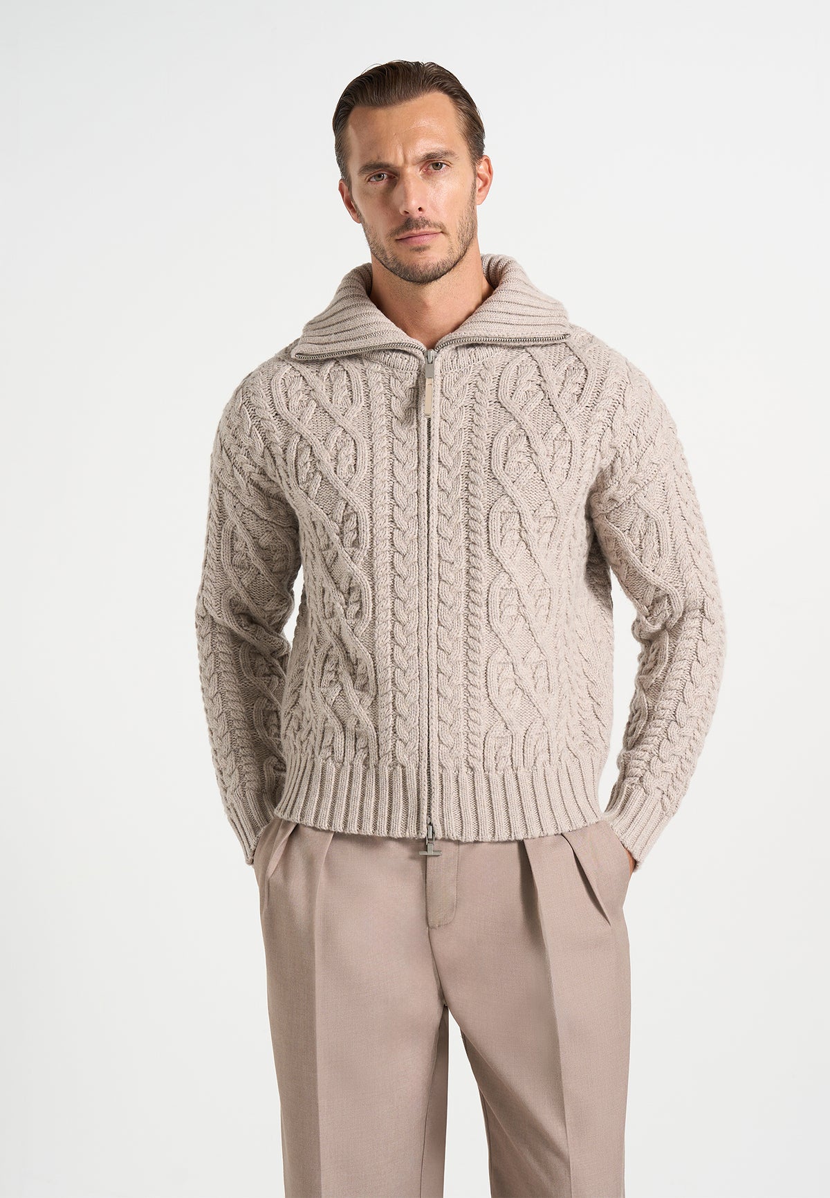 Amael - Cable Knit Wool-Blend Cardigan - Taupe