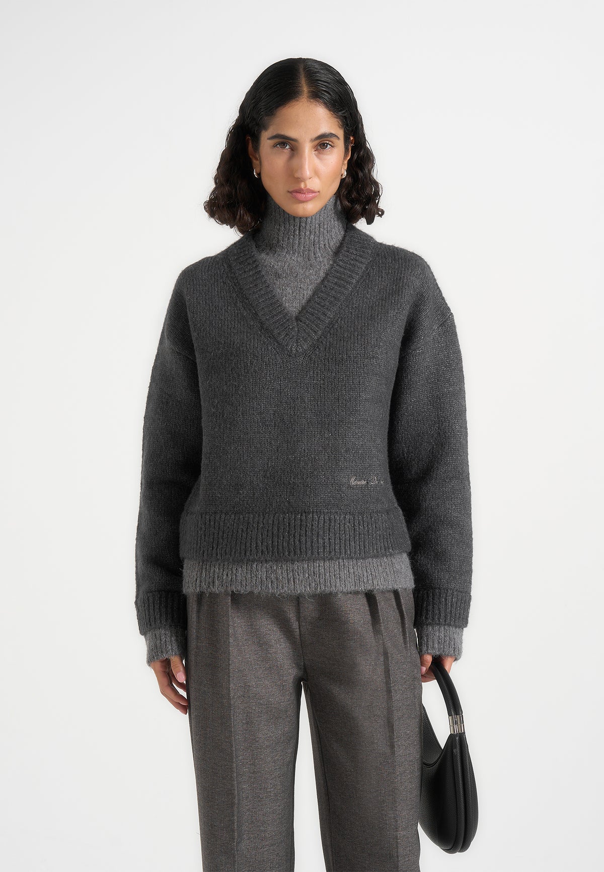 Jacques - Double Layer Wool-Blend V-Neck Knit Sweater - Charcoal