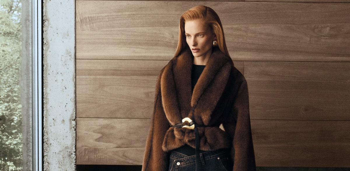Nola brown fur shawl jacket with leather belt campaign.