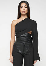 one-sleeve-vegan-leather-wrap-top-black