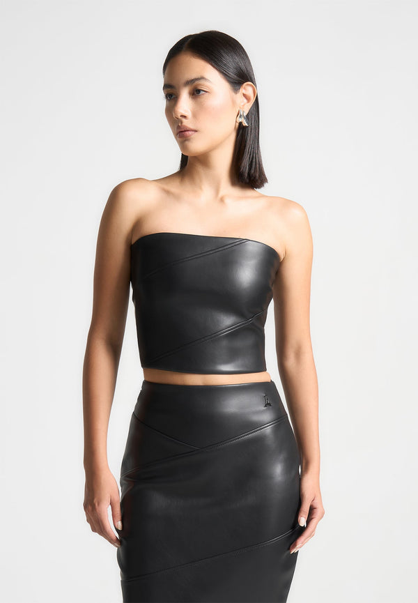 Bandeau Leather Corset Top - Black