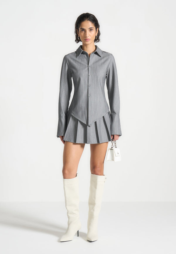 Rina - Pinstripe Pleated Skort - Grey