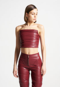 Pleated Bandeau Leather Corset Top - Wine Red