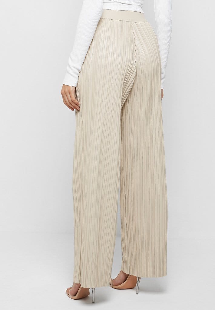 High Waisted Vegan Leather Trousers - Beige
