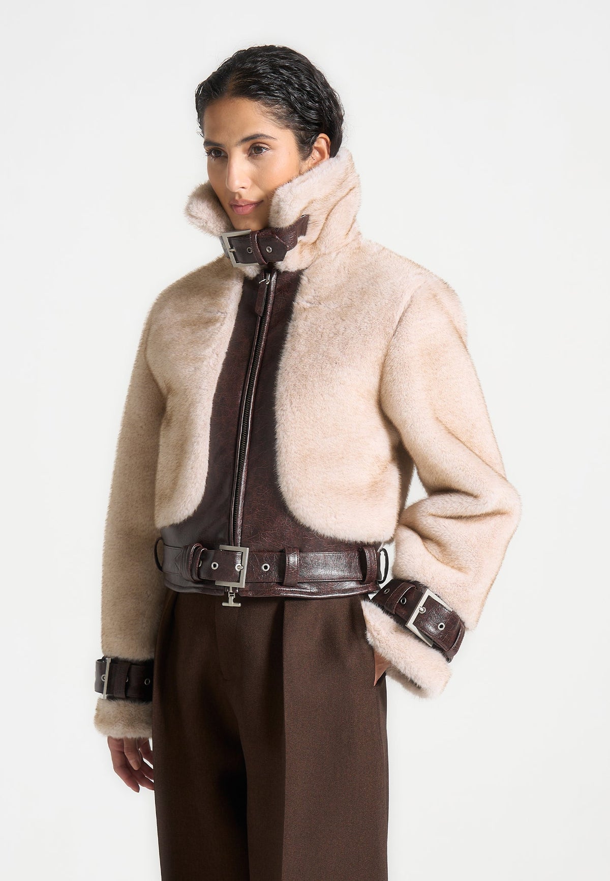 Deya - Plush & Leather Belted Jacket - Beige/Brown
