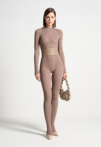 Chantal - Pointelle Knit Long Sleeve Jumpsuit with Belt - Taupe