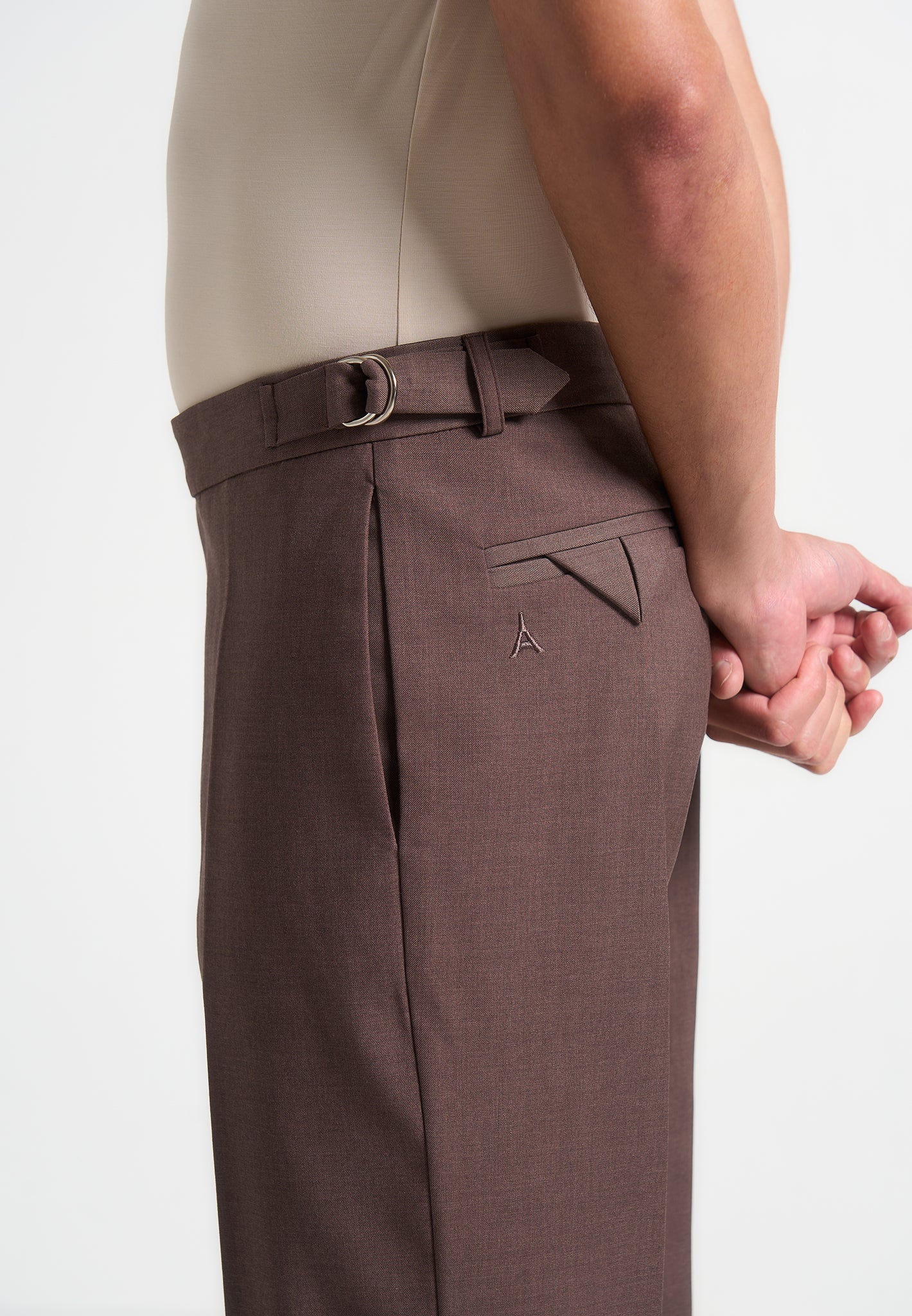 Regular Fit Twill Pleated Tailored Trousers - Brown