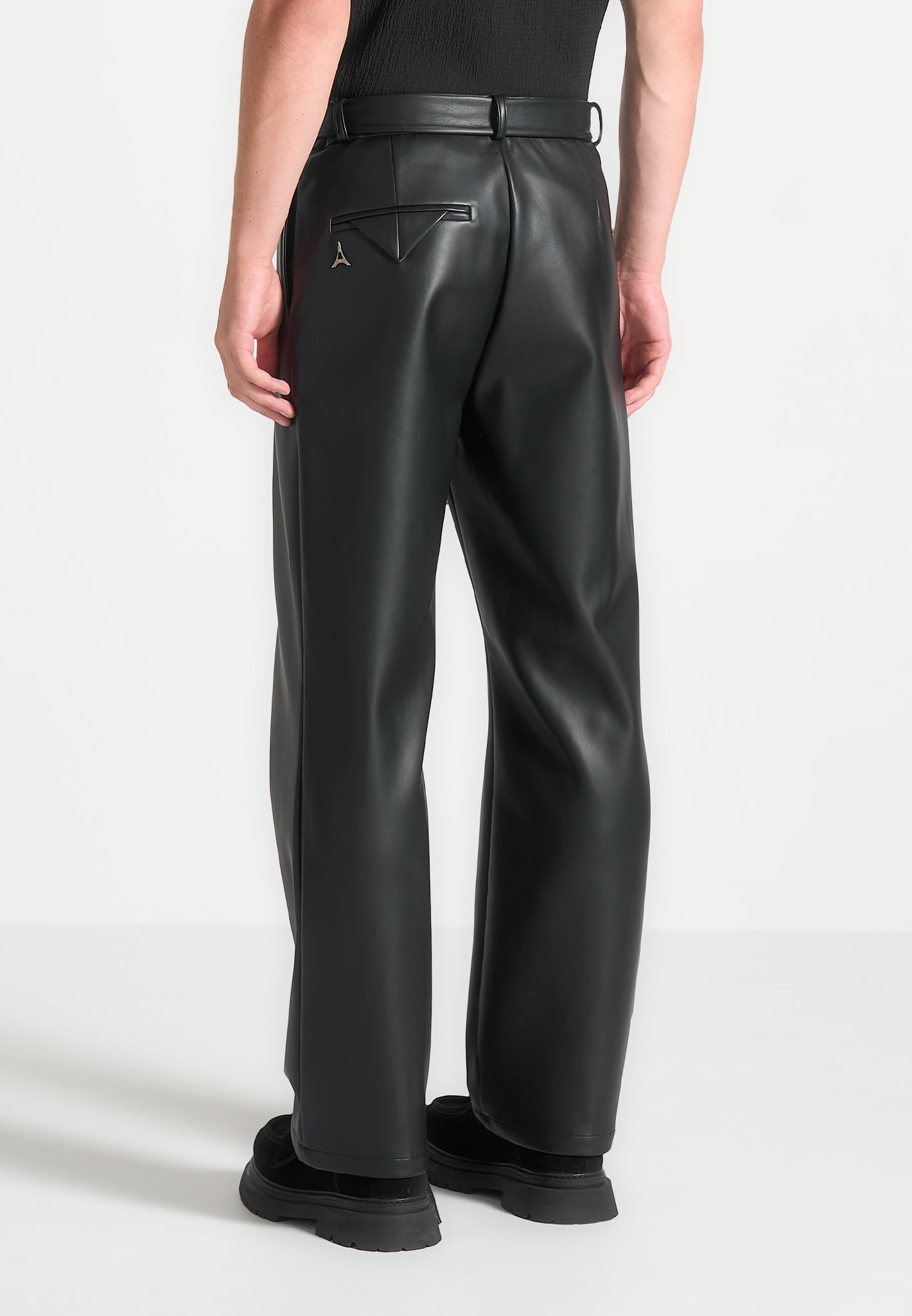 Relaxed Fit Vegan Leather Pleated Trouser - Black