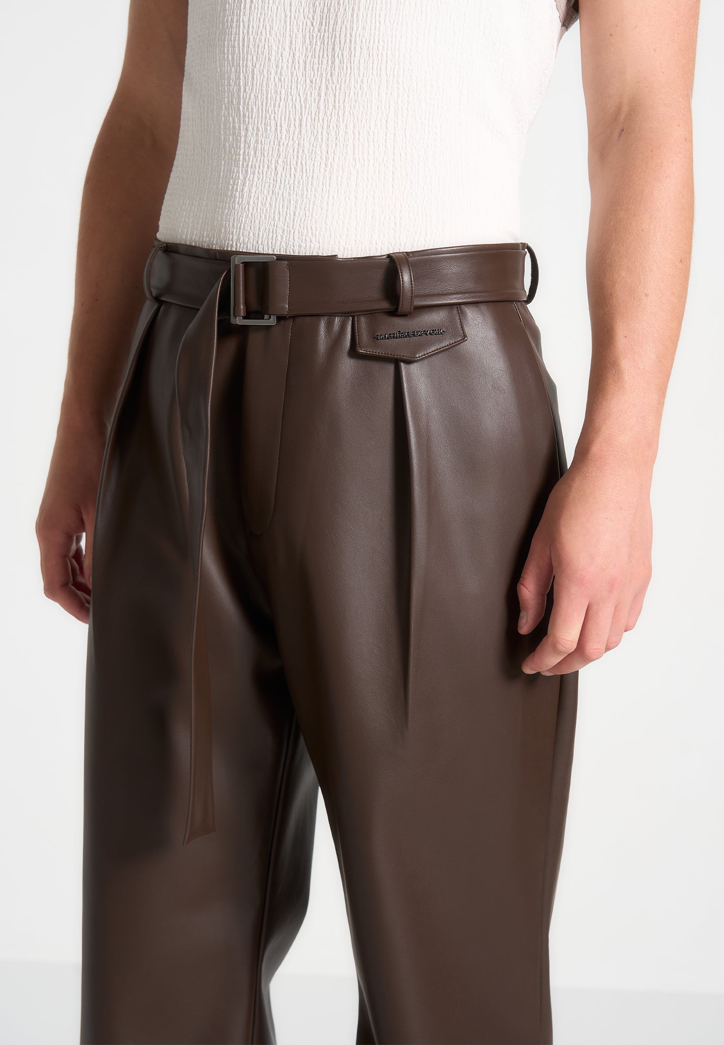 Relaxed Fit Vegan Leather Pleated Trouser - Brown