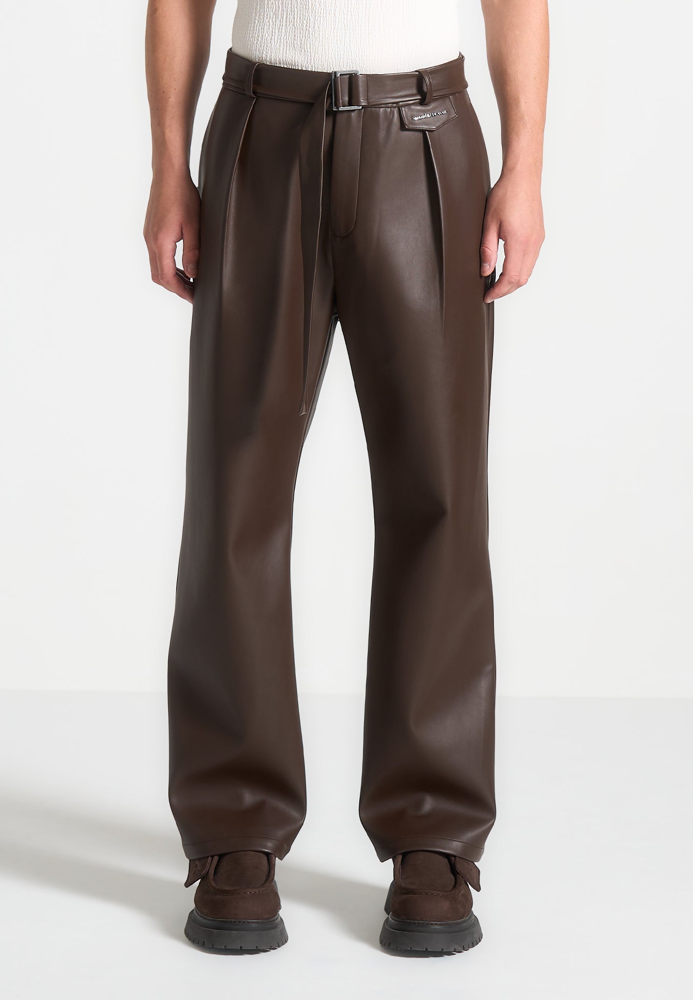 Relaxed Fit Leather Pleated Trouser - Brown