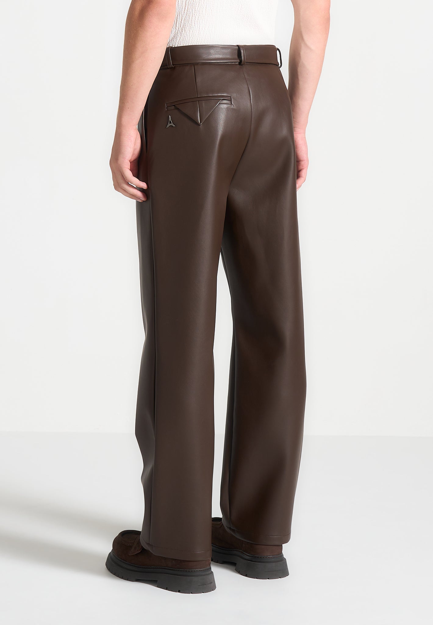 Relaxed Fit Vegan Leather Pleated Trouser - Brown