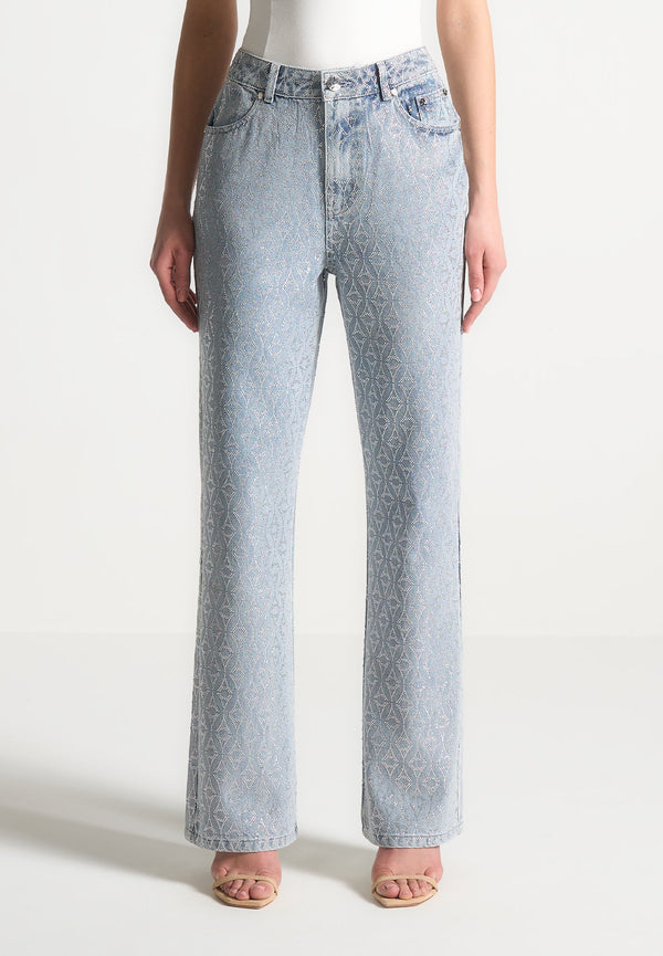 Alma - Rhinestone Eiffel Straight Leg Jeans - Mid Blue