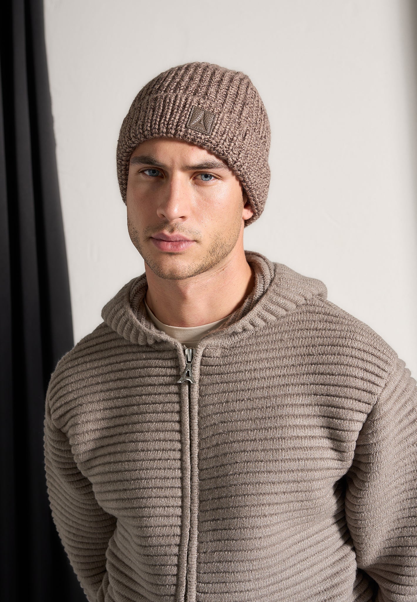 Ribbed Knit Zip Up Hoodie - Taupe