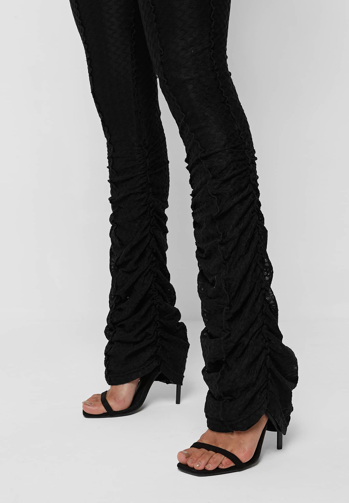 Flared Mesh Button Up Trousers - Black