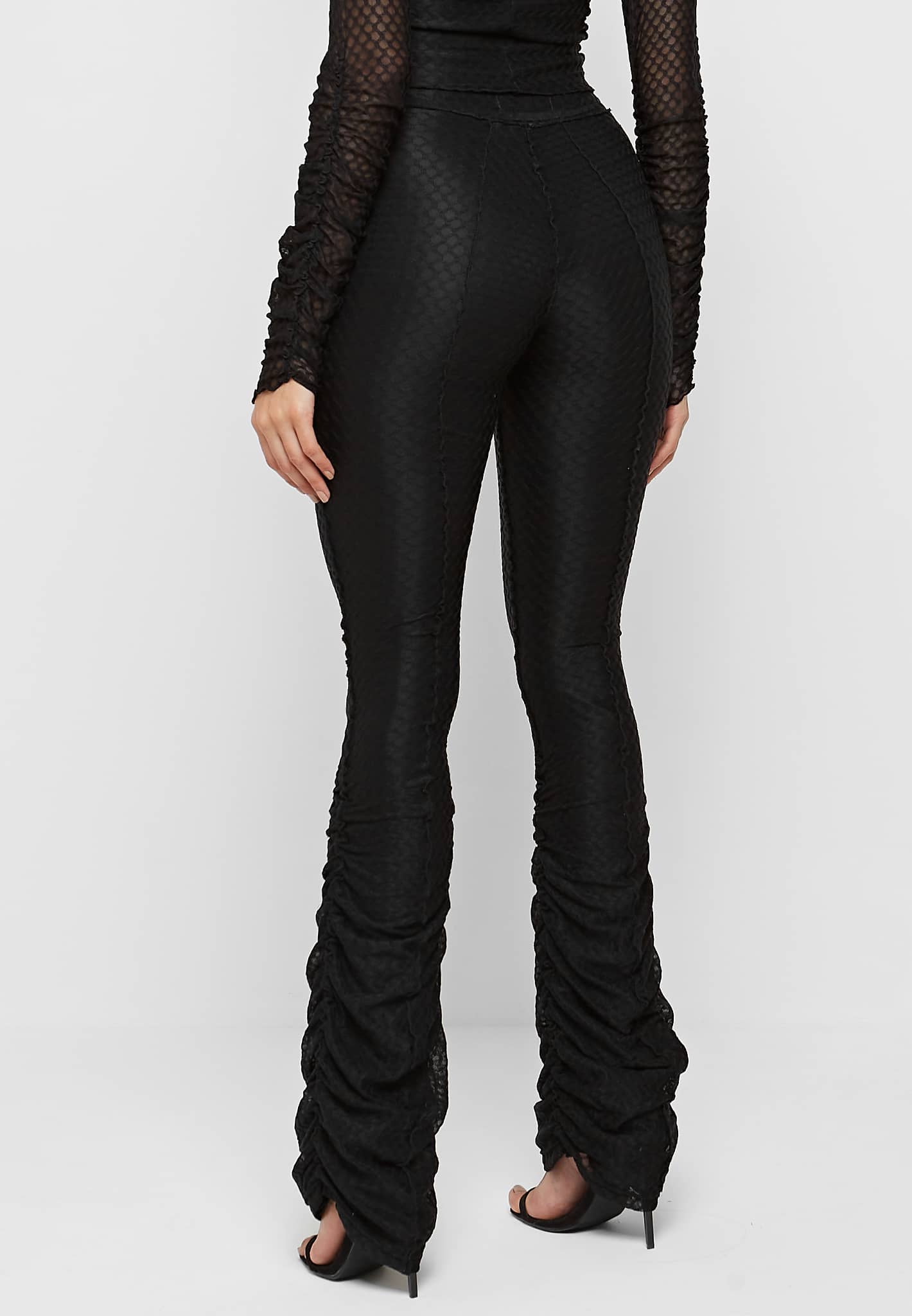 Flared Mesh Button Up Trousers - Black