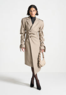 Joana - Tacked Sleeve Asymmetric Tailored Trench Coat - Beige