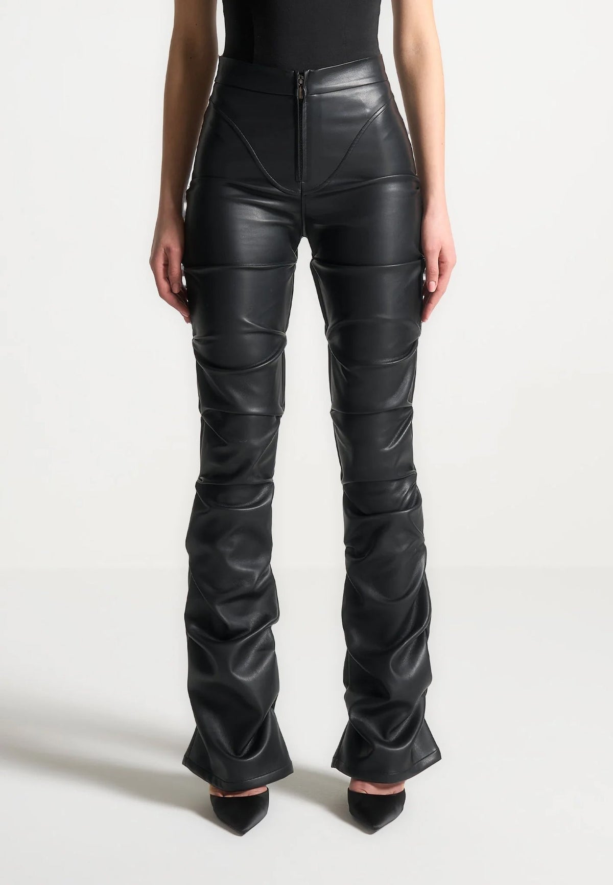 Caroline - Tacked Leather Fit & Flare Pants - Black