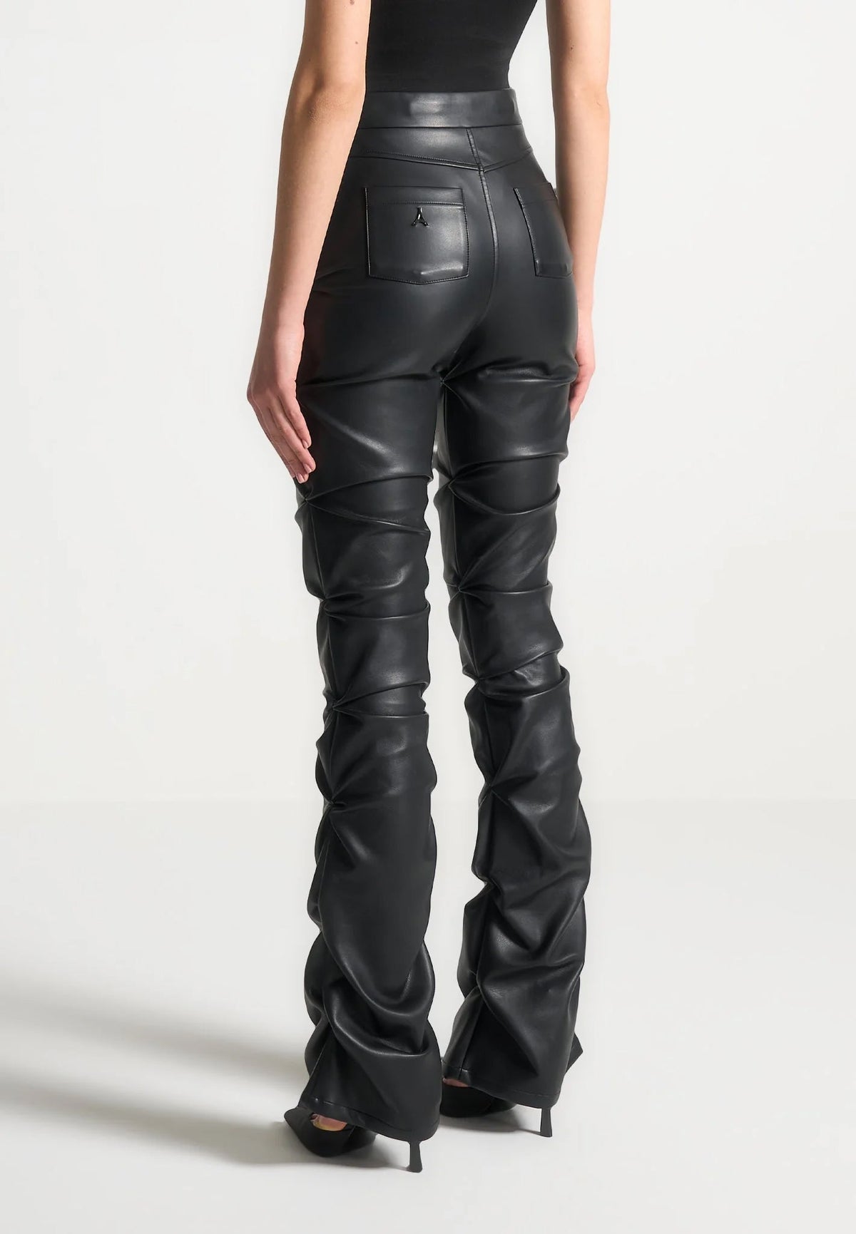 Caroline - Tacked Leather Fit & Flare Pants - Black