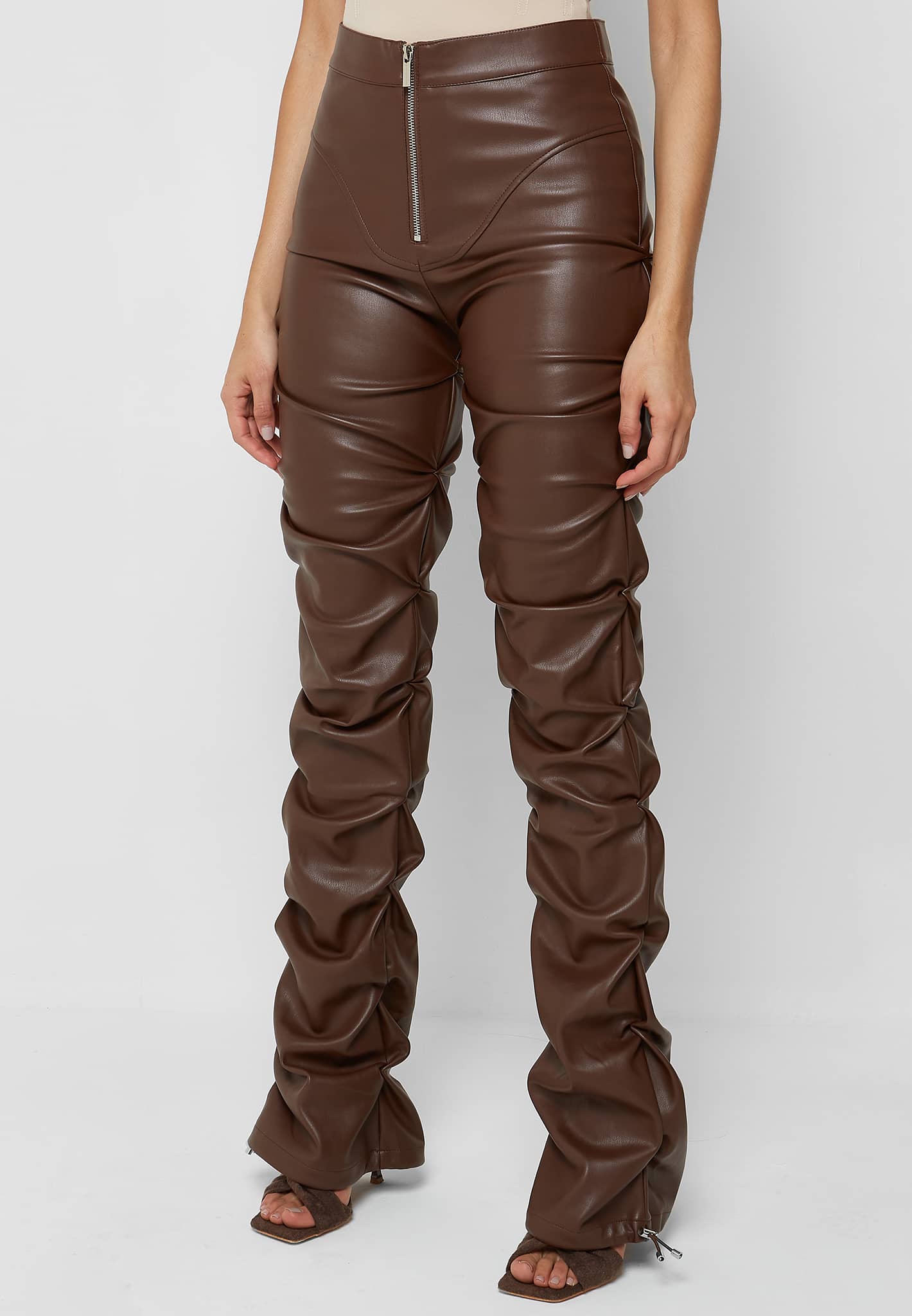 tacked-vegan-leather-flared-trousers-chocolate-brown