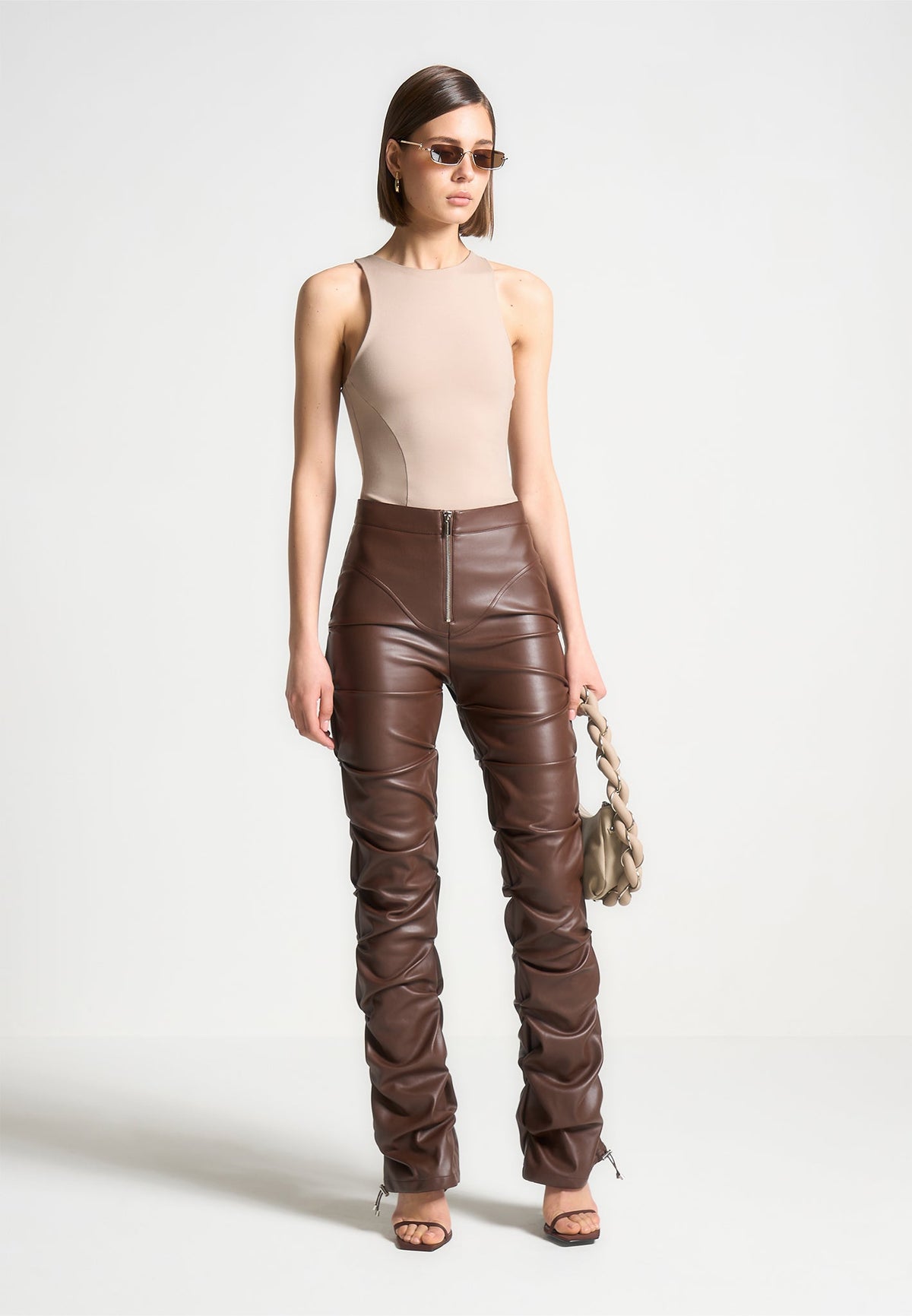 Tacked Leather Flared Pants - Chocolate Brown