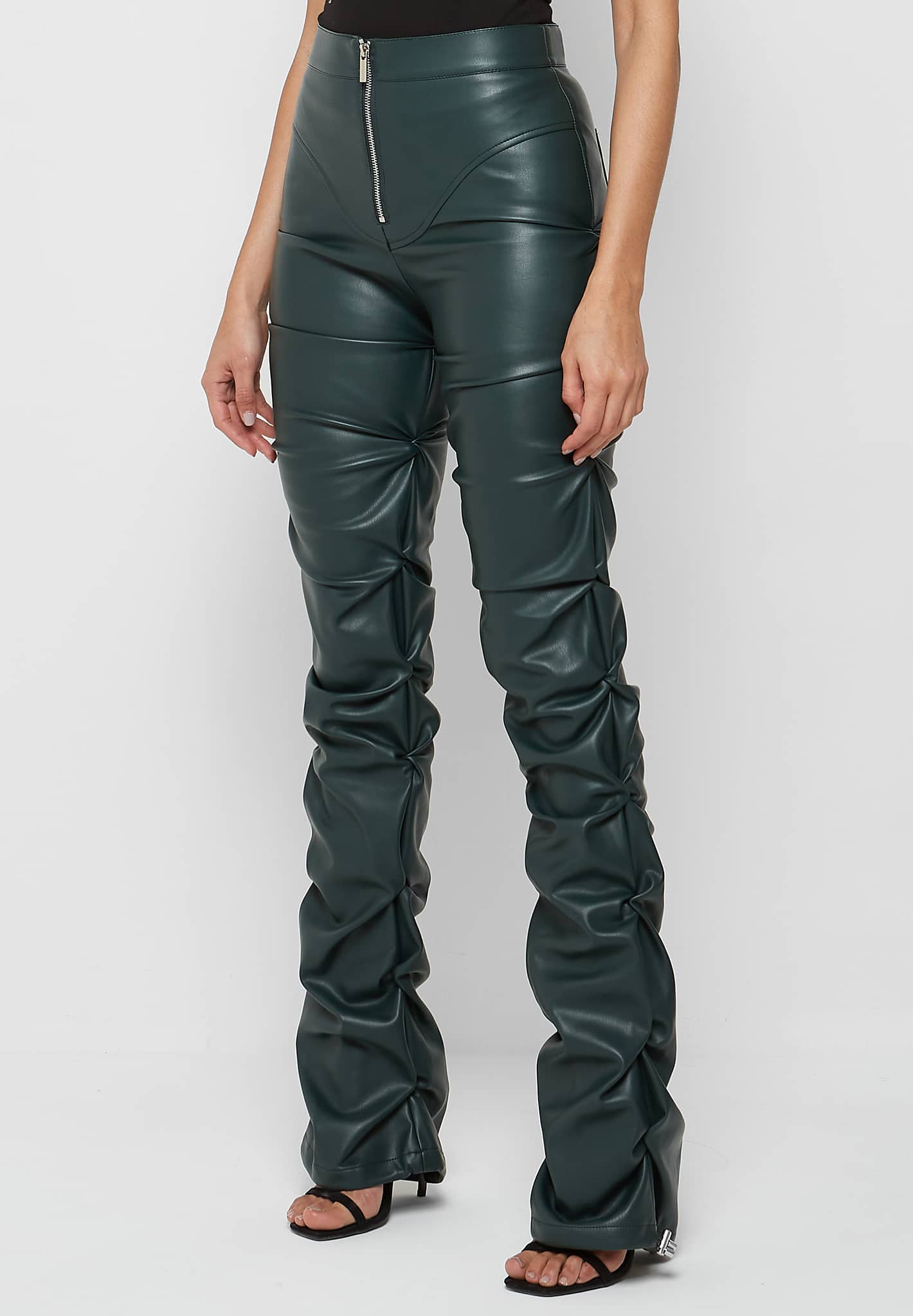 tacked-vegan-leather-flared-trousers-forest-green