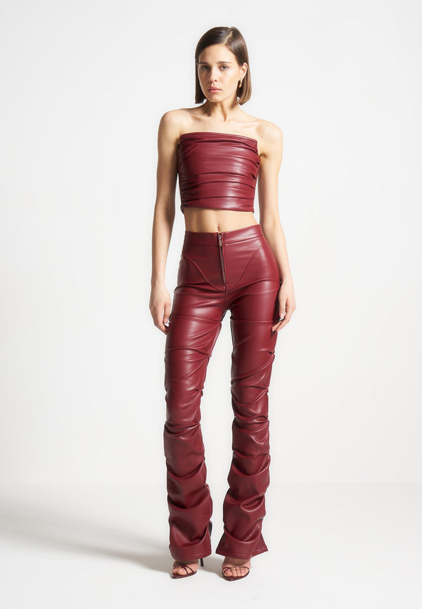 Caroline - Tacked Leather Flared Trousers - Wine Red