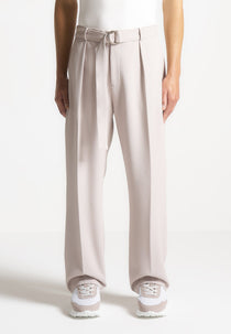 Louis - Relaxed Fit Textured Belted Tailored Trousers - Stone