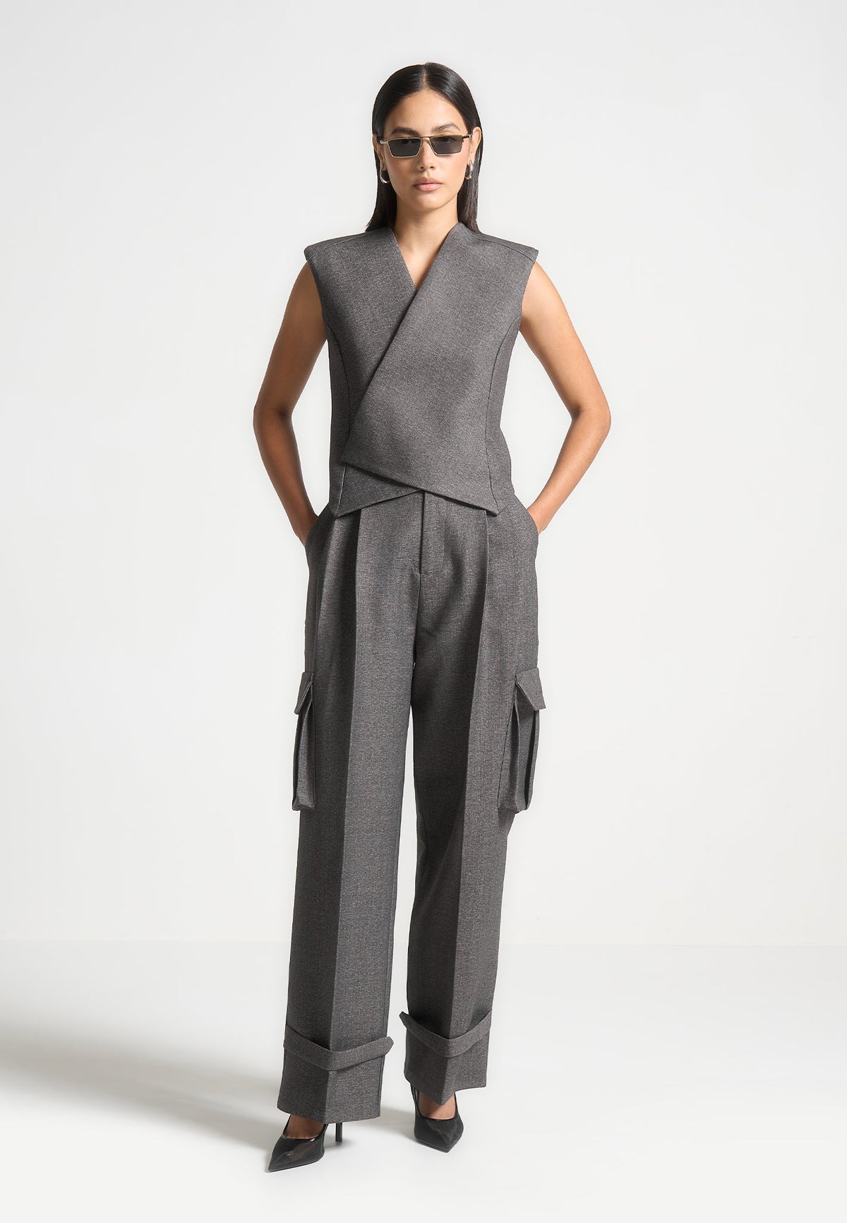 Laurence - Textured Tailored Wrap Suit Vest - Grey Marl