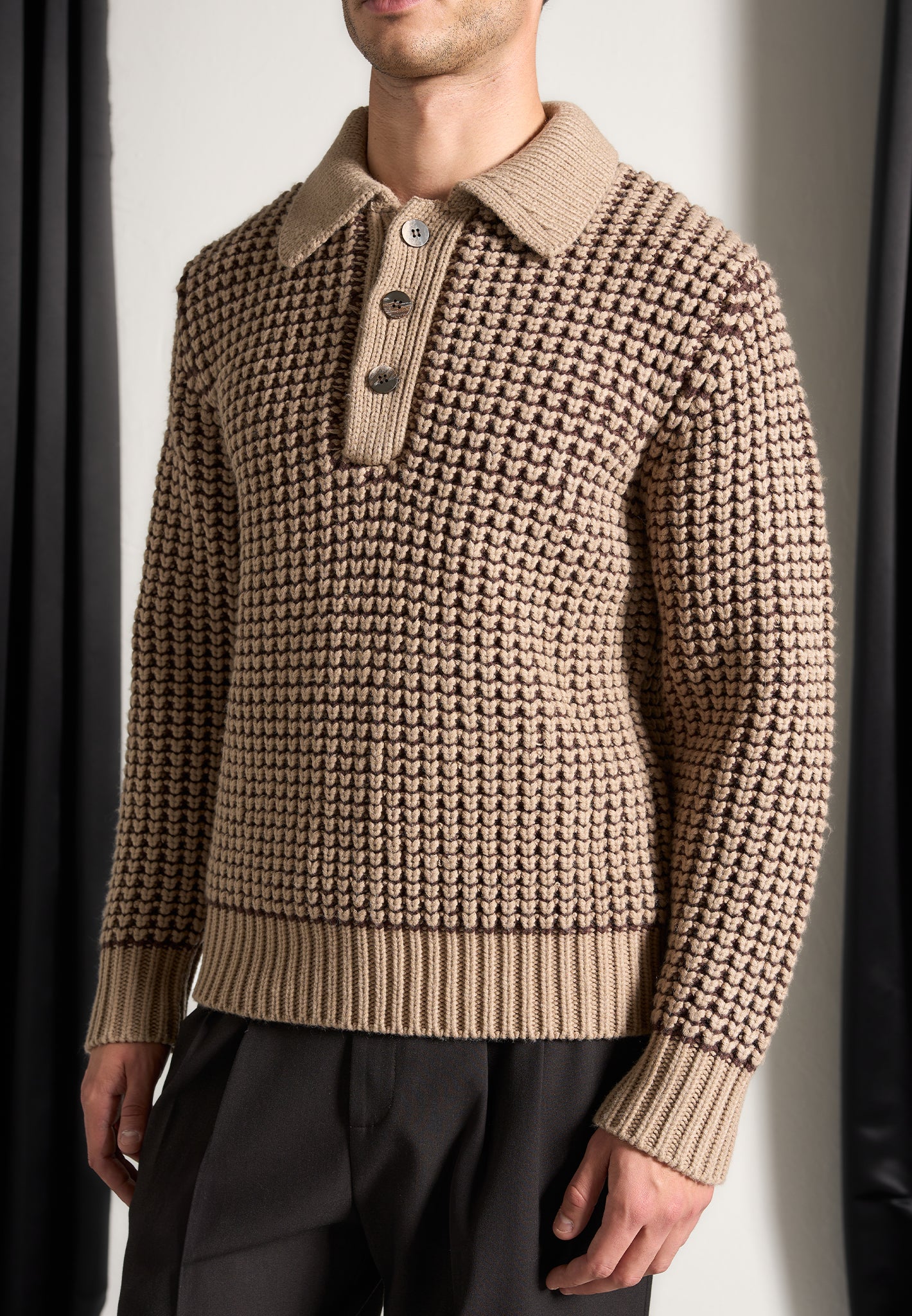 Textured Wool Knit Polo Jumper - Taupe