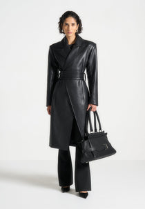 Malya - Leather Asymmetric Belted Coat - Black
