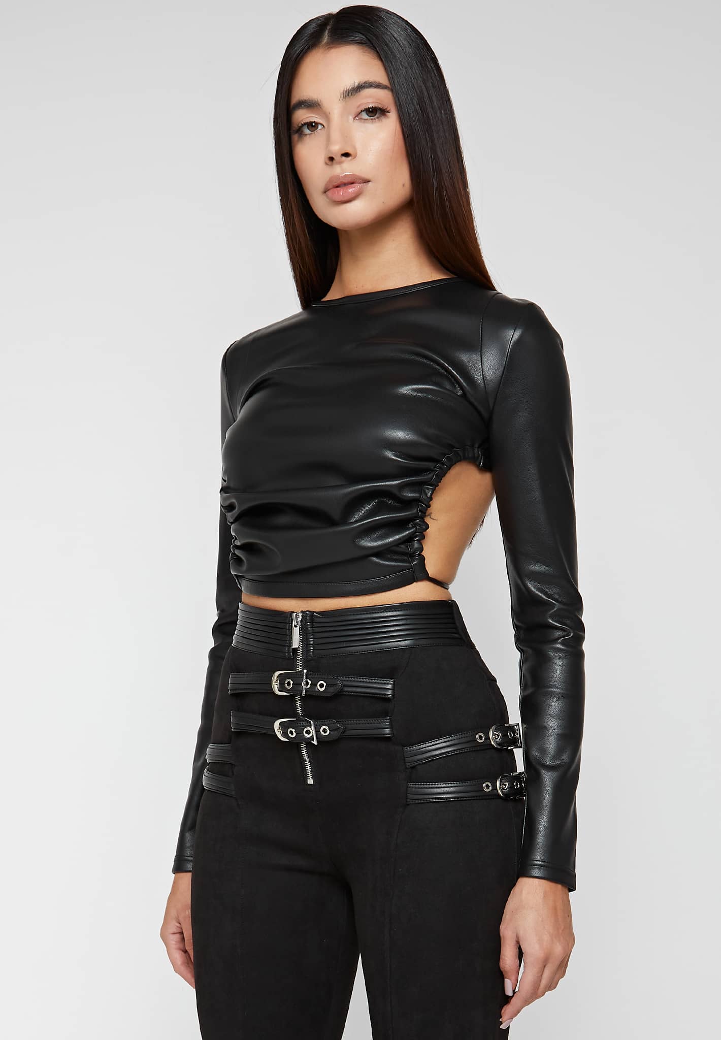 Black Faux Leather Long Sleeve Crop Top