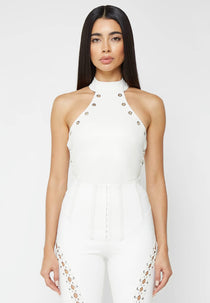 Leather Lace Up Halterneck Bodysuit - White