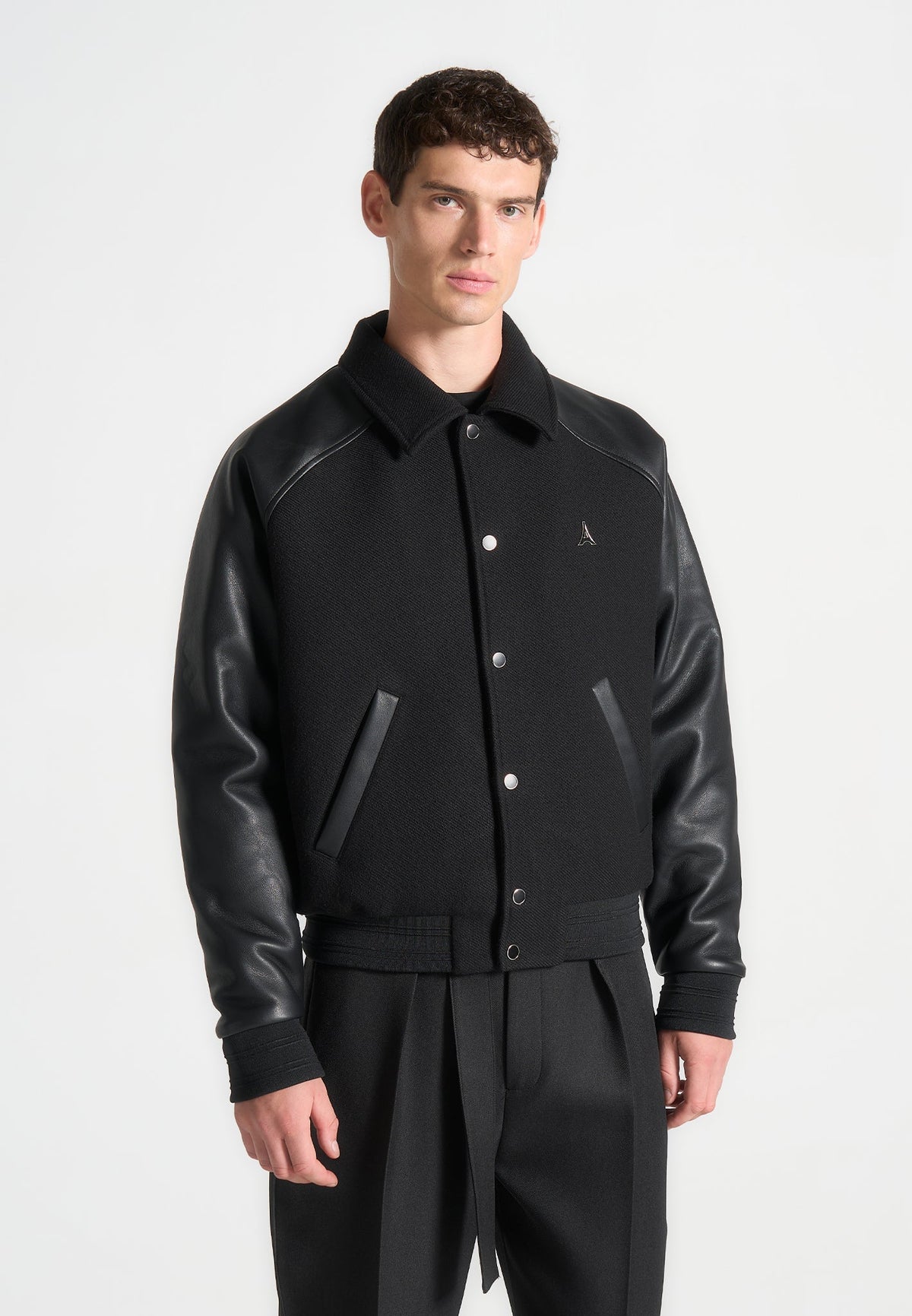 Olivier - Leather Raglan Varsity Jacket - Black