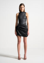 vegan-leather-satin-wrap-bodycon-dress-black