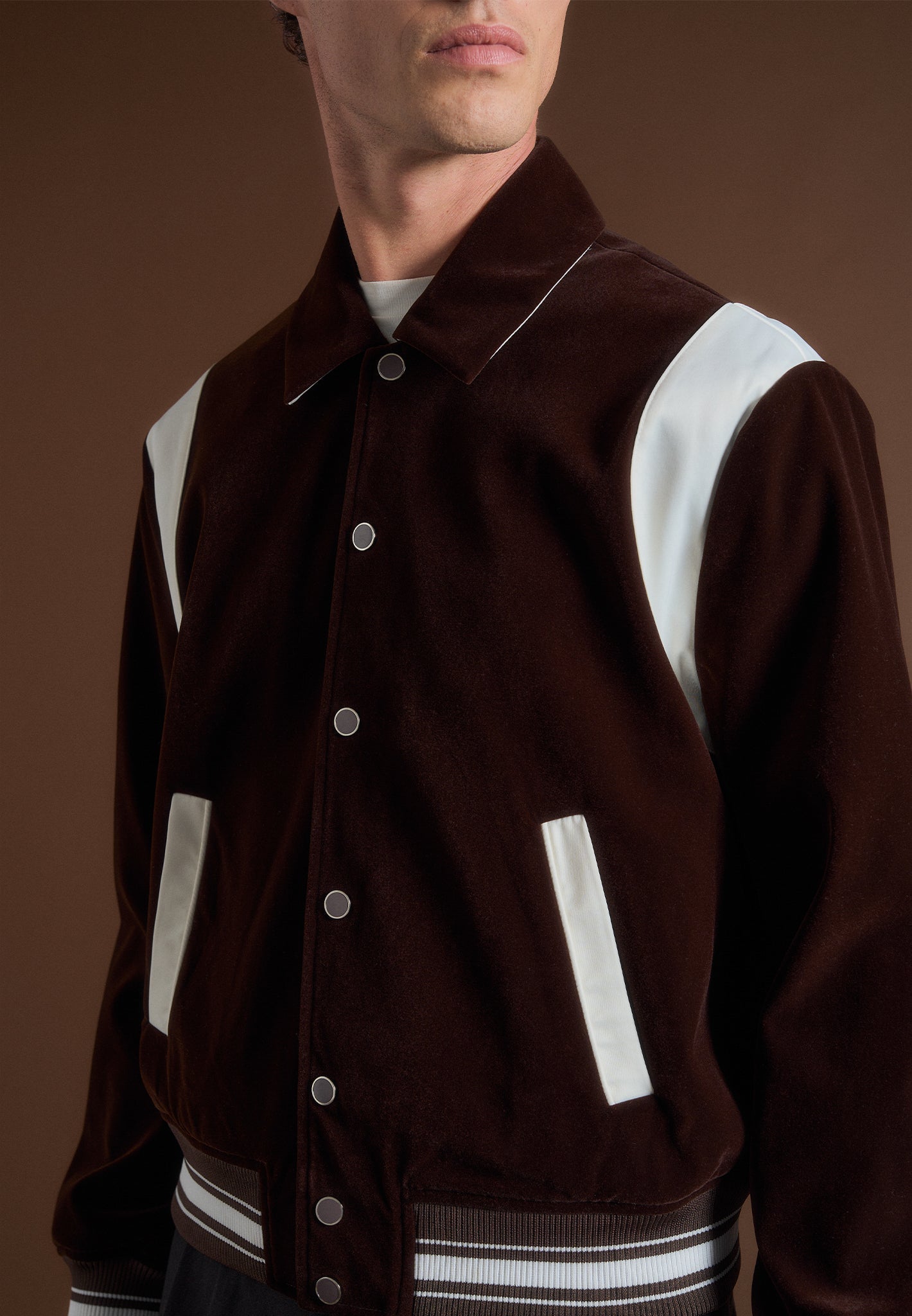 Velvet & Satin Varsity Jacket - Brown